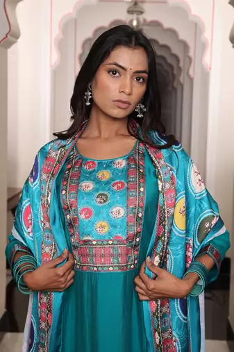 Firozi beautiful viscosee shimmer fabric glamorous partywear readymade suit