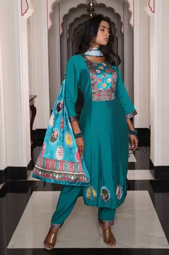 Firozi beautiful viscosee shimmer fabric glamorous partywear readymade suit