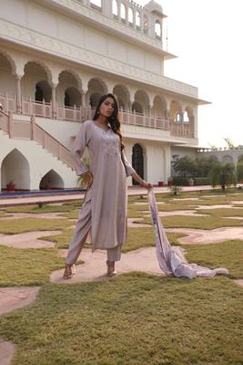 Beige beautiful cotton silk fabric glamorous partywear readymade suit 1