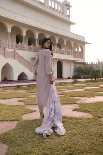 Beige beautiful cotton silk fabric glamorous partywear readymade suit