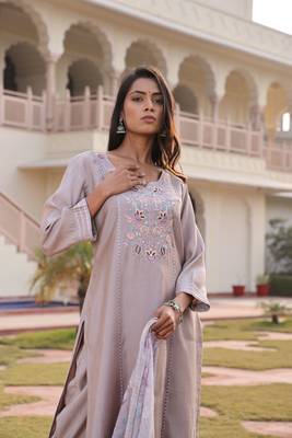 Beige beautiful cotton silk fabric glamorous partywear readymade suit 4
