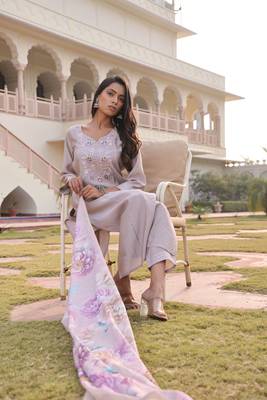 Beige beautiful cotton silk fabric glamorous partywear readymade suit 5
