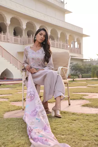 Beige beautiful cotton silk fabric glamorous partywear readymade suit
