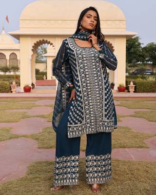 Teal beautiful georgette fabric glamorous partywear readymade suit 1