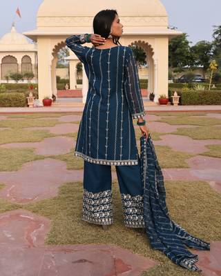 Teal beautiful georgette fabric glamorous partywear readymade suit 3