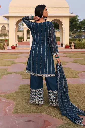 Teal beautiful georgette fabric glamorous partywear readymade suit