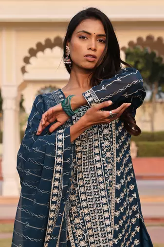 Teal beautiful georgette fabric glamorous partywear readymade suit