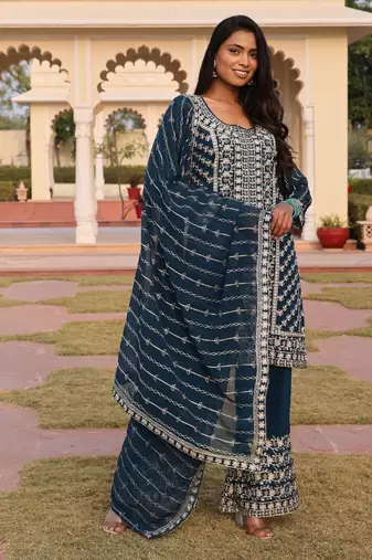 Teal beautiful georgette fabric glamorous partywear readymade suit