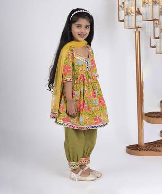 Girls yellow floral kurta payjama set 3