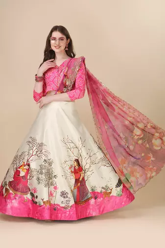 Pink Satin Silk Fabric Stylish Print Lehenga For Party Looks