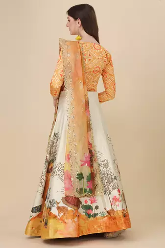 Yellow Satin Silk Fabric Stylish Print Lehenga For Party Looks
