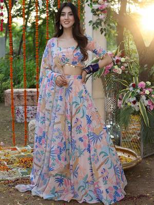 Baby Pink Georgette Fabric Printed Trendy Partywear Lehenga 1