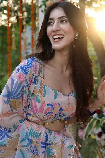 Baby Pink Georgette Fabric Printed Trendy Partywear Lehenga