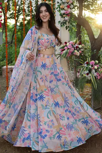 Baby Pink Georgette Fabric Printed Trendy Partywear Lehenga