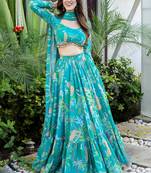 Firozi Georgette Fabric Designer Printed Trendy Partywear Lehenga