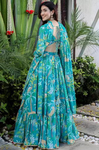 Firozi Georgette Fabric Printed Trendy Partywear Lehenga