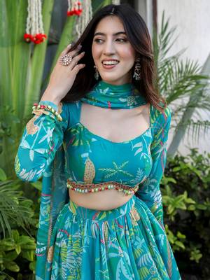 Firozi Georgette Fabric Printed Trendy Partywear Lehenga 3