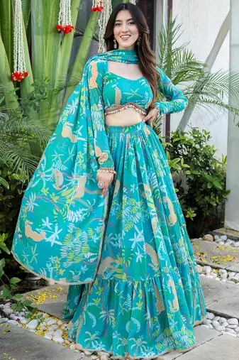 Firozi Georgette Fabric Printed Trendy Partywear Lehenga