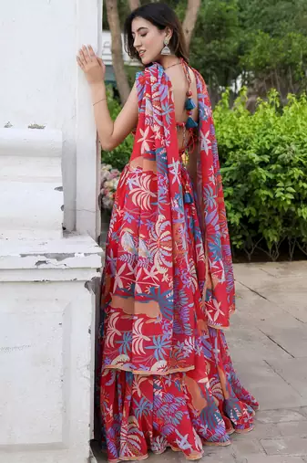 Red Georgette Printed Lehenga Choli for Party