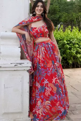 Red Georgette Printed Lehenga Choli for Party