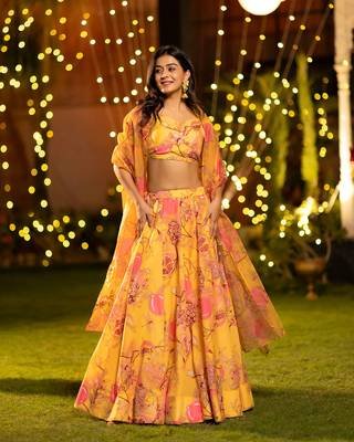 Yellow Chinon Fabric Floral Printed Lehenga Choli 1