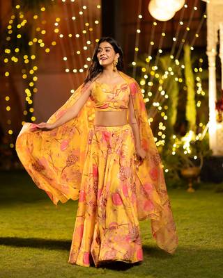 Yellow Chinon Fabric Floral Printed Lehenga Choli 2