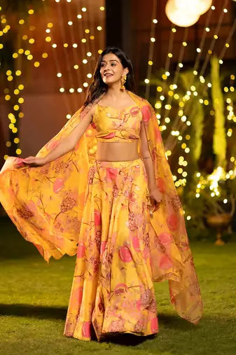 Yellow Chinon Fabric Floral Printed Lehenga Choli