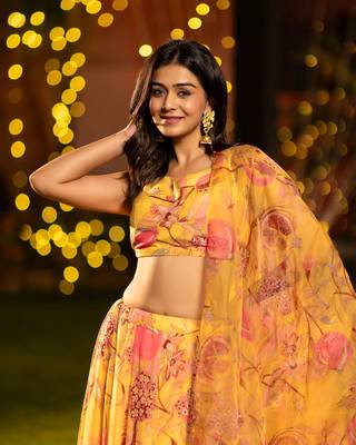 Yellow Chinon Fabric Floral Printed Lehenga Choli 3