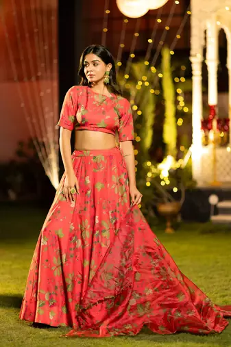 Gajri Chinon Fabric Floral Printed Lehenga Choli