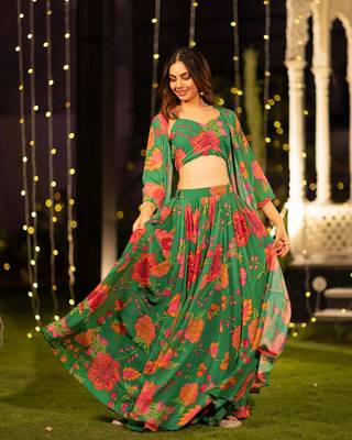 Green Chinon Fabric Floral Printed Lehenga Choli 1