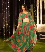 Green Chinon Fabric Designer Floral Printed Lehenga Choli