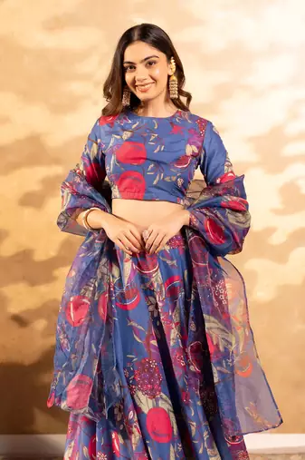 Blue Floral Lehenga Choli For Women
