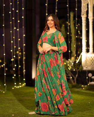 Green Chinon Fabric Floral Printed Lehenga Choli 2