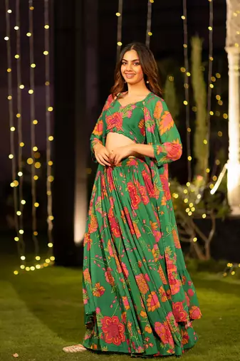 Green Chinon Fabric Floral Printed Lehenga Choli