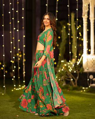 Green Chinon Fabric Floral Printed Lehenga Choli 3