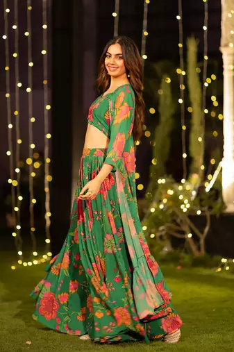 Green Chinon Fabric Floral Printed Lehenga Choli