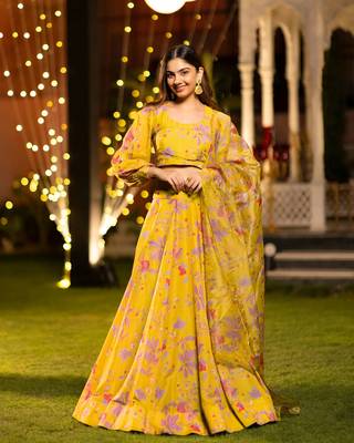 Yellow Chinon Fabric Floral Printed Lehenga Choli 1