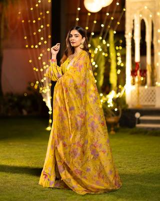 Yellow Chinon Fabric Floral Printed Lehenga Choli 2