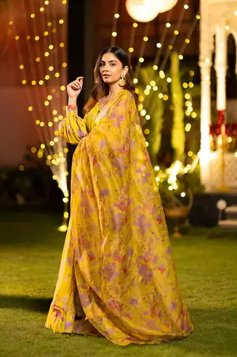 Yellow Chinon Fabric Floral Printed Lehenga Choli