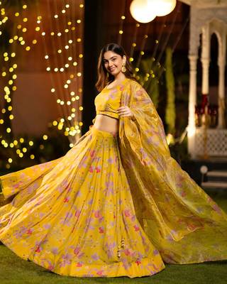 Yellow Chinon Fabric Floral Printed Lehenga Choli 3