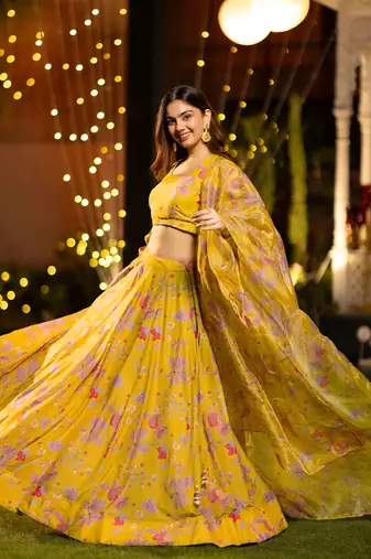 Yellow Chinon Fabric Floral Printed Lehenga Choli