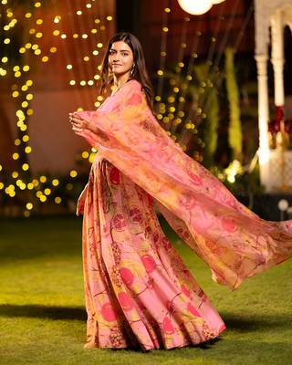Pink Chinon Fabric Floral Printed Lehenga Choli 2