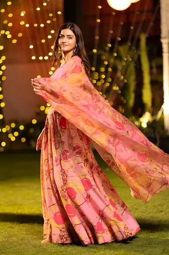 Pink Chinon Fabric Floral Printed Lehenga Choli
