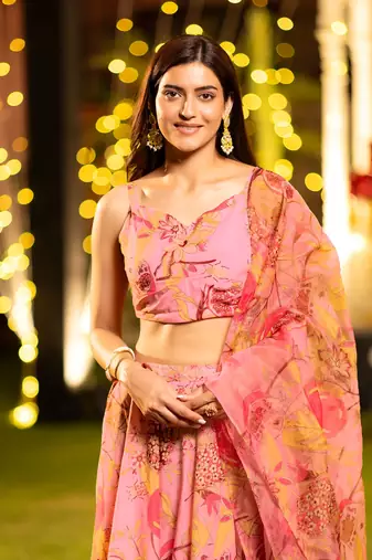 Pink Chinon Fabric Floral Printed Lehenga Choli