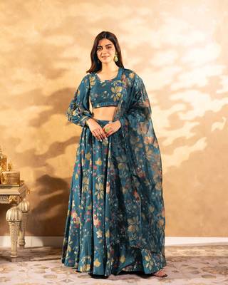 Teal Blue Chinon Fabric Floral Printed Lehenga Choli 1