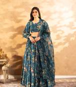 Teal Blue Chinon Fabric Designer Floral Printed Lehenga Choli