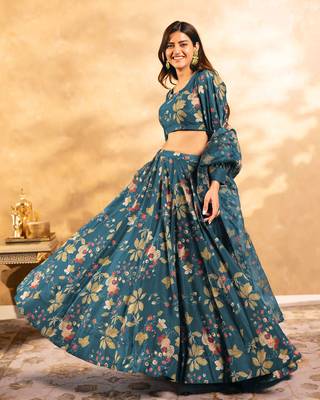 Teal Blue Chinon Fabric Floral Printed Lehenga Choli 2