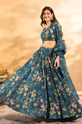 Teal Blue Chinon Fabric Floral Printed Lehenga Choli
