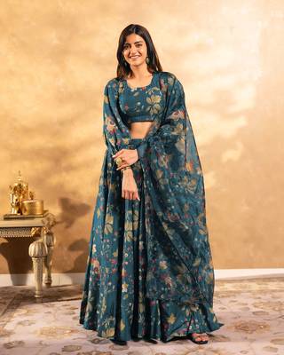 Teal Blue Chinon Fabric Floral Printed Lehenga Choli 3