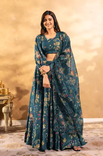 Teal Blue Chinon Fabric Floral Printed Lehenga Choli